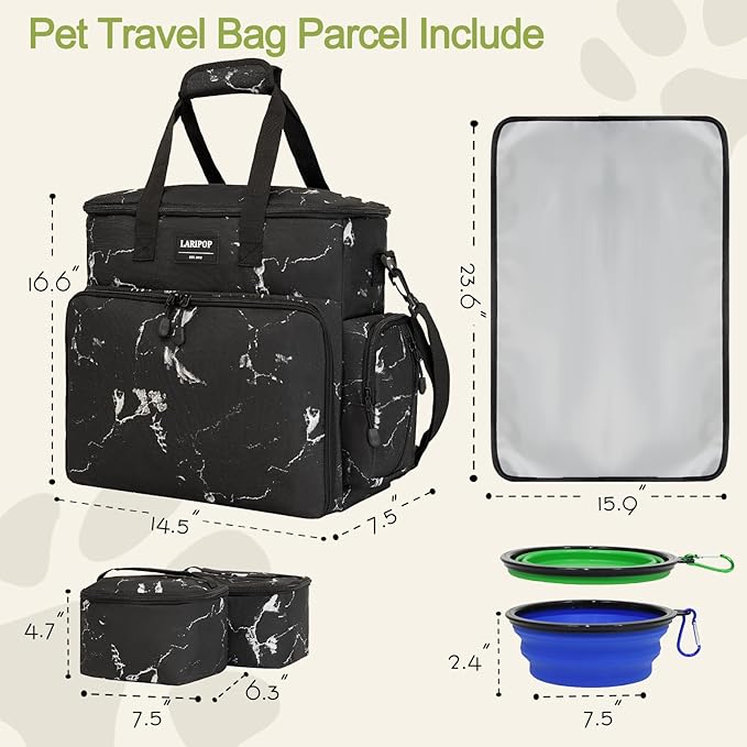 LARIPOP Dog Travel Bag,Weekend Pet Travel Bag Set,Airline Approved Tote,Multi-Function Dog Bags for Traveling,Include 2 Collapsible Bowls,2 Food Storage Containers,1 Feeding Mat,Marble