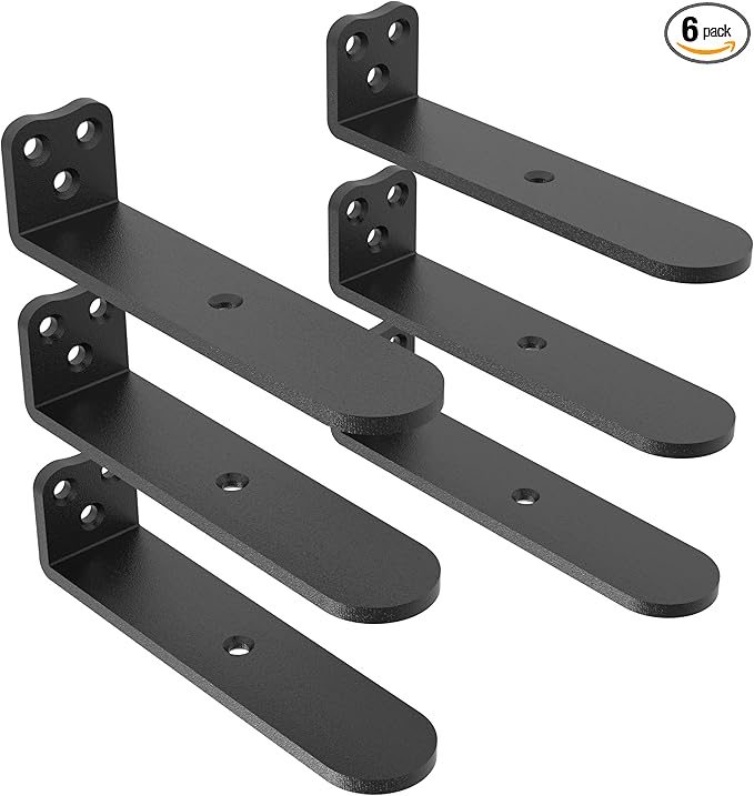 Eurydice Heavy Duty Floating Shelf Brackets, 1/4 inch Thick L Brackets, (4 In 6 Pack Black), Holds 200 lb, Rounded Arc Edge, One-Piece, 3 Hole Mounting For Wood Shelves in Kitchen, Garage, Office, DIY
