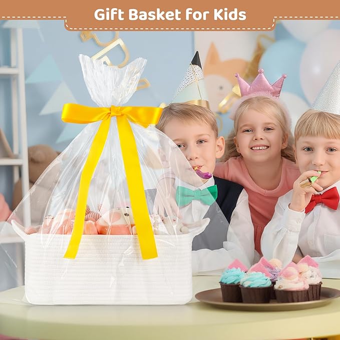 Large Empty Gift Baskets for Baby Shower, 16.5"L x 12.6"W x 7"H Cute Woven Storage Basket with Gift Bags and Ribbons, Small Rope Toy Basket with Handles, Cat Dog Pet Toy Organizer - White