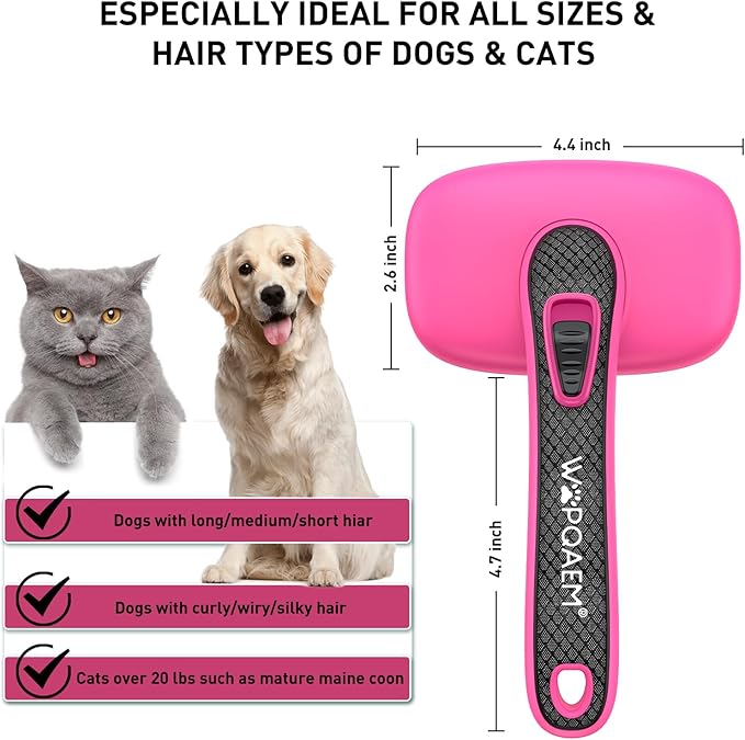 Self Cleaning Slicker Brush for Dogs and Cats - Skin Friendly Shedding & Grooming Tool for Long and Short Haired Pets,Easy Clean Retractable Bristles, Pink