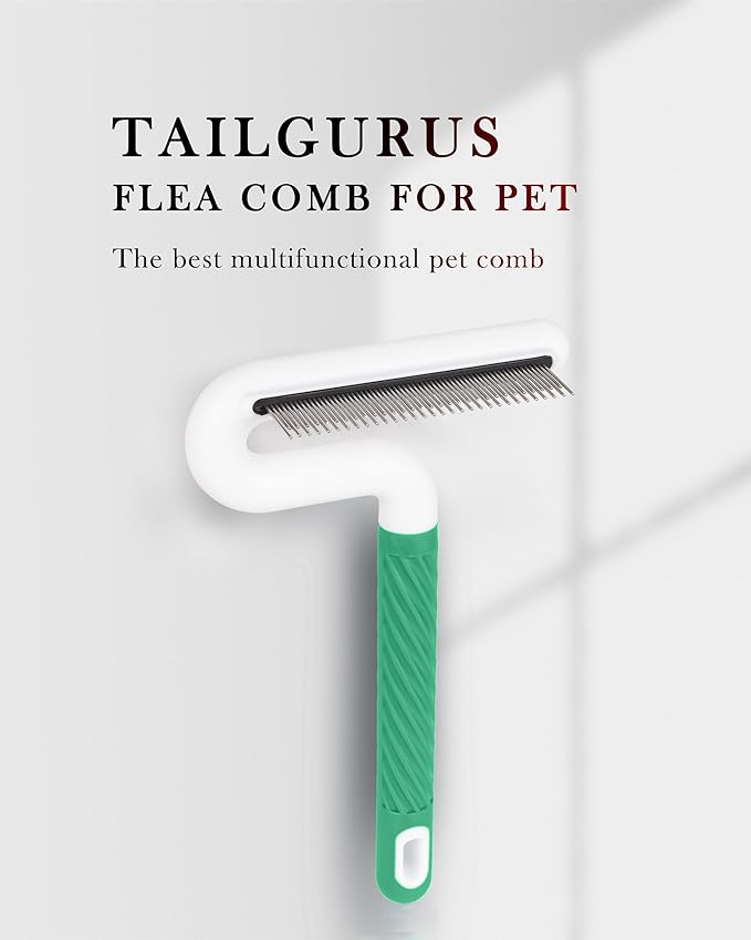 TailGurus Pet Flea Comb for Dogs & Cats - Grooming Tool with Long & Short Steel Teeth, Safely Removes Tangles and Knots, Gentle Detangling Brush for Pet Hair (TG2043)(Green)