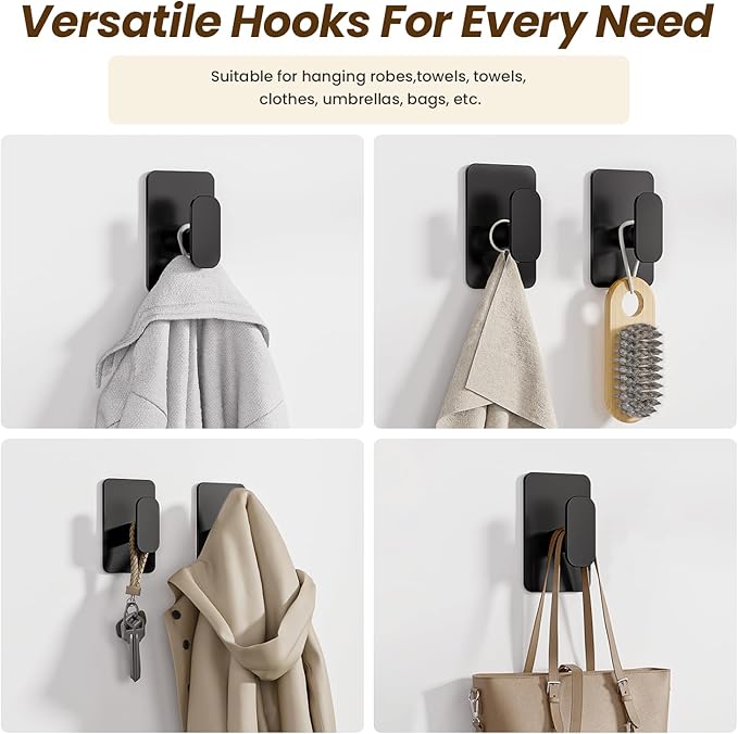 Heavy Duty Self Adhesive Hooks - 26lb Max, Sticky Wall Hooks Stainless Steel for Hanging Towel, Coat, Robe, Waterproof & Rustproof Hooks Stick on Bathroom, Shower, Kitchen (Black, 4 Pack)