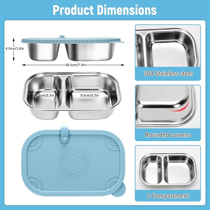 3 Pack Stainless Steel Snack Containers, 2 Compartment Snack Containers with Leakproof Silicone Lids,Divided Meal Prep Lunch Box Food Container for Travel, Outdoor, Camping.（15.84 OZ）