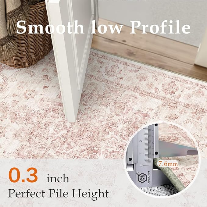 3x5 Washable Neutral Area Rug Pink Vintage Entryway Office Carpet Non-Slip Soft Low Pile Farmhouse Throw Rug for Entrance Living Room Bathroom Dining Room