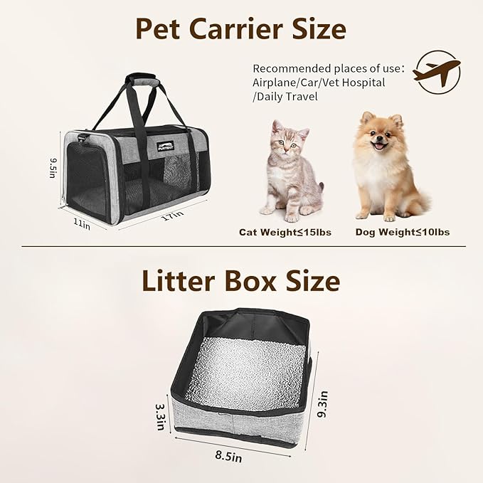 TSA Approved Pet Carrier for Small Cats and Puppies, Soft-Sided and Foldable, Cat and Dog Carrier Fits Pets Up to 15 lbs, Durable Portable Travel Bag with Litter Box (Gray, Litter Box & Leash Set)