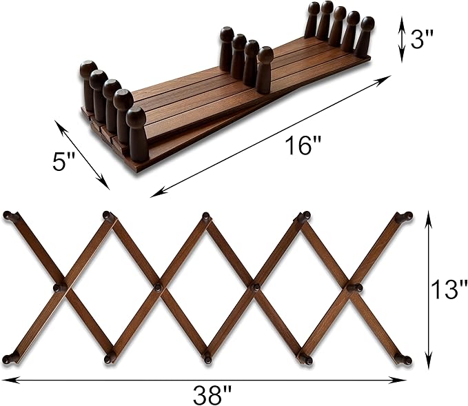 Mercurial Trade Expandable Wooden Coat Rack Hanger – Accordion Wall Mounted Pine Wood Hooks – Hand Made Vintage Expending Pegs – Hang Coat, Jacket, Hat, Leash, Towel, Mug, Bag – 14 Hook Dark Walnut