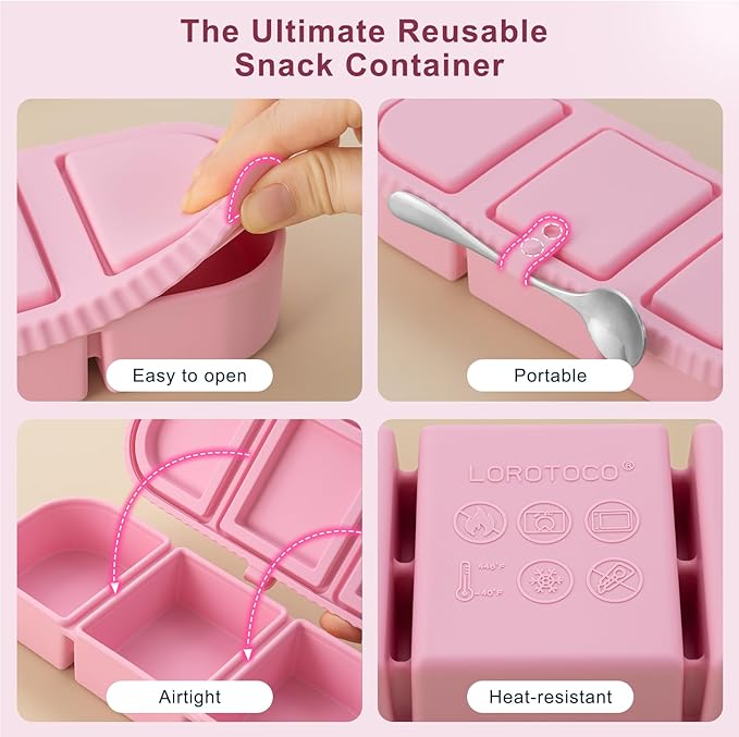 3Pack Silicone Reusable Snack Containers for Kids - 14 oz 3 Compartment Small Snackle Box with Lids for Lunch & Sauce, Food Storage for School, Travel, Work
