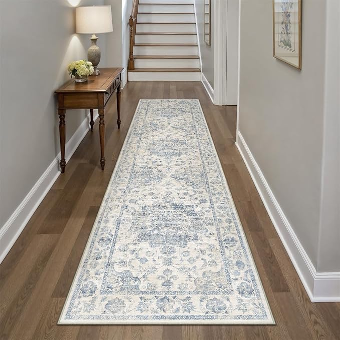 2x8 Washable Neutral Runner Rug Blue Vintage Hallway Kitchen Carpet Non-Slip Soft Low Pile Farmhouse Throw Rug for Bedroom Bathroom Laundry Living Room
