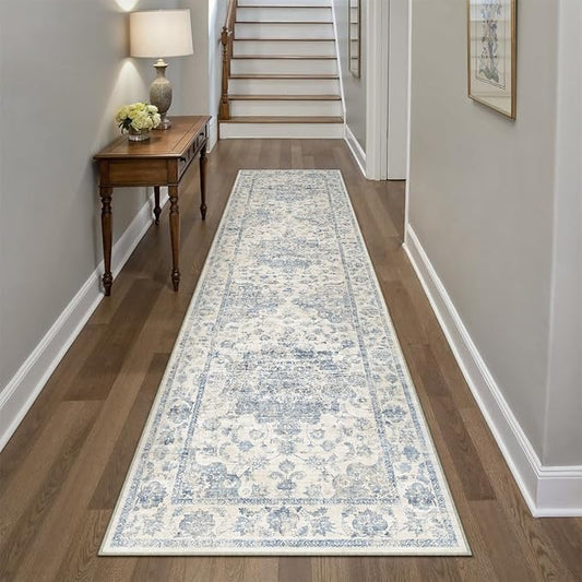 2x8 Washable Neutral Runner Rug Blue Vintage Hallway Kitchen Carpet Non-Slip Soft Low Pile Farmhouse Throw Rug for Bedroom Bathroom Laundry Living Room