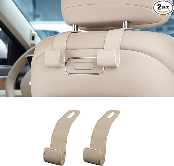 Purse Holder for Car, 2 PACK Upgraded Car Seat Hooks for Hanging Purse and Bag, Leather Headrest Hooks for Car Back Seat, Car Organization Accessories (Beige)