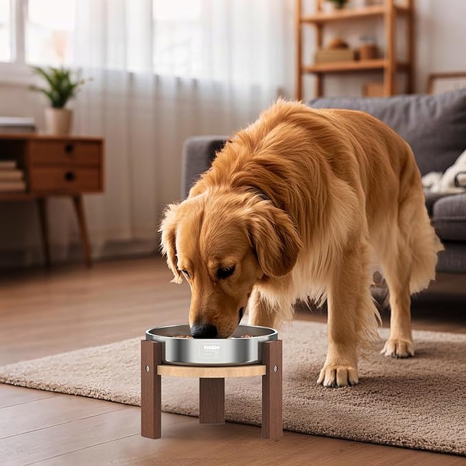 Feedoo Elevated Dog Bowl Stand, 6 Inch Height Raised Stand for Medium&Small Dogs, Includes 2Cups Stainless Steel Slow Feeder Dog Bowl, Durable Solid Hardwood