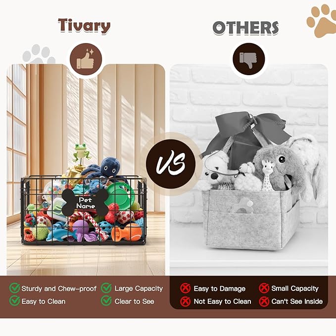 Dog Toy Basket, Chew-Proof Metal Dog Toy Bin with Handles, Pet Stuff Storage Organizer Box for Dogs with Marker Pen, Portable & Foldable Puppy Toys Basket for Living Room, 15''×10.63''×8.27''