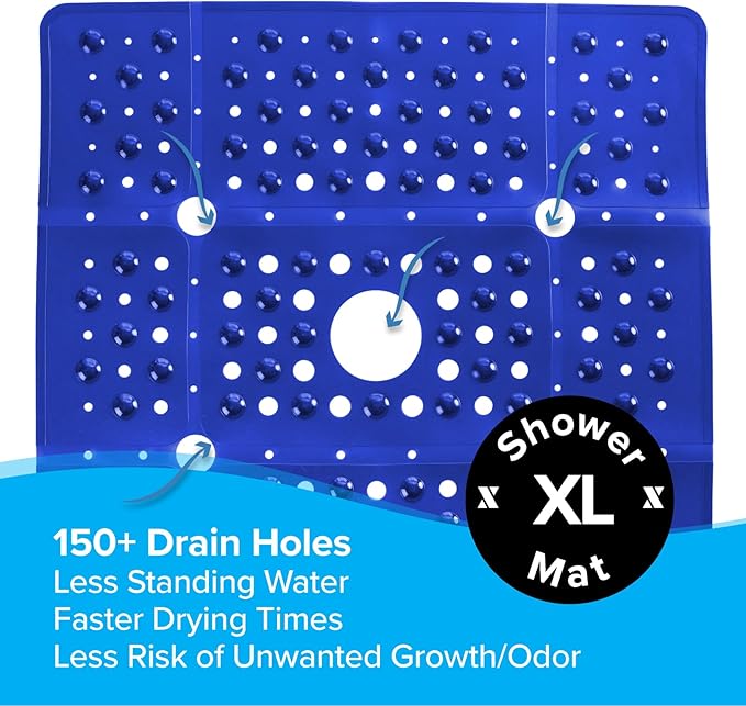 SlipX Solutions 27" Oversize Square Shower Mat, Non-Slip Mat for Elderly & Kids, 100+ Power Grip Suction Cups for Smooth Surfaces, Machine Washable, Solid Navy Blue