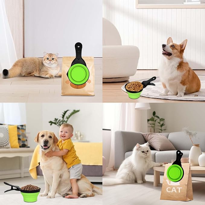PNEUICALLY Collapsible Dog Food Scoop Foldable Pet Food Bag Clip 3 in 1 Multi-function Silicone Cat Food Measuring Cup Scoop Dog Food Scooper Pet Food Storage Clip (Green, 1 Cup Capacity(1 Pack))