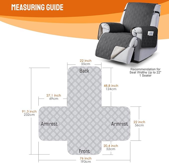 VANSOFY 100% Waterproof Recliner Chair Covers, Recliner Cover Non-Slip Dog Chair Cover Furniture Protector Washable Slipcover with Pocket, Elastic Straps for Pets, Dogs(Charcoal Gray, 22")