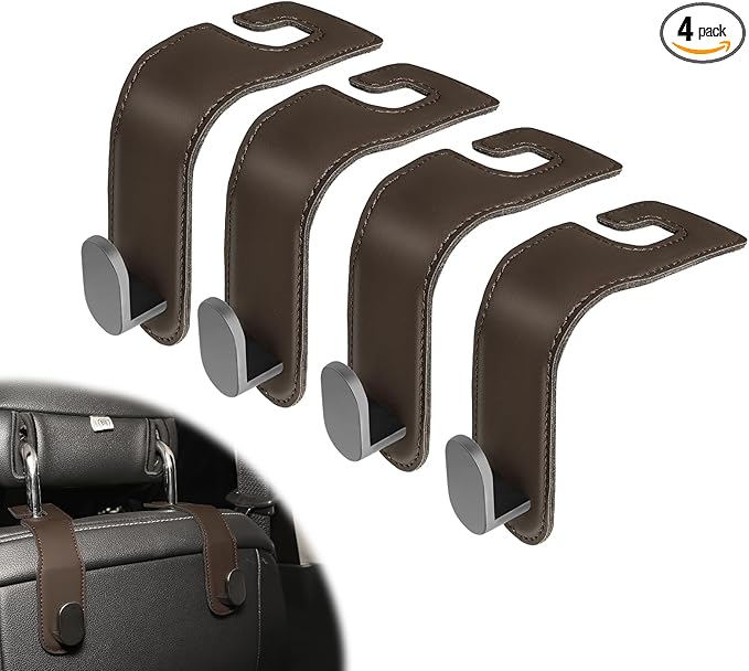 4 Pack Car Headrest Hooks, Car Seat Organizer with PU Leather & Stainless Steel Up to 44 lbs, Car Seat Back Hook for Purse/Bags