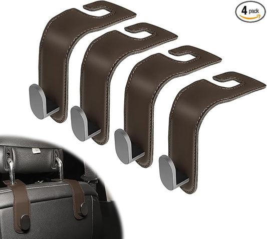 4 Pack Car Headrest Hooks, Car Seat Organizer with PU Leather & Stainless Steel Up to 44 lbs, Car Seat Back Hook for Purse/Bags