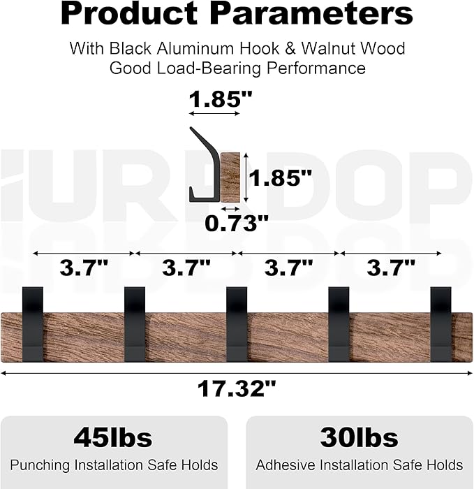 IURRDOP 17 Inch Black Walnut Wood Wall Mounted Coat Rack with 4 Black L Hooks, Adhesive Mounted Entryway Hooks, Modern Natural Wooden Pegs for Hanging Coat Clothes Hat Bag Purse Key and Towel