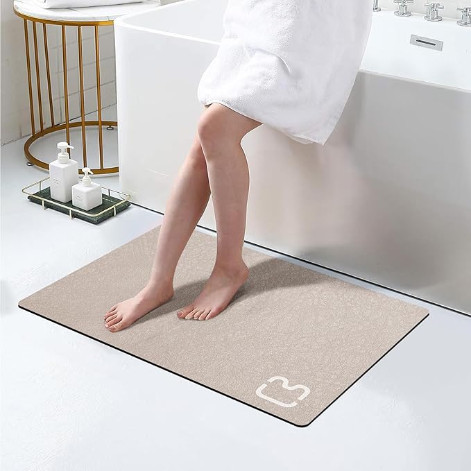 Diatomaceous Earth Bath Mat Super Absorbent Non Slip Fast Drying Shower Rug Stone Bath Mat for Bathroom Thin Bathroom Floor Mats Fit Under Door, Machine Washable, 17" x 27.5", Taupe