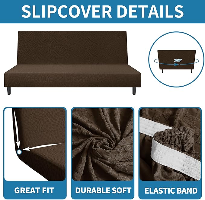 ZNSAYOTX Fashion Futon Cover (67"-82") Stretch Fit Armless Sofa Bed Slipcover, Universal Foldable Sofa Mattress Protector Full Queen Size, Irregular Plaid Texture Jacquard Futon Protector (Coffee)