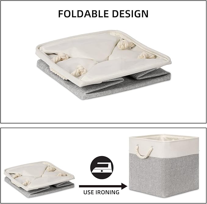 Bidtakay Fabric Basket Set - Large Square Organizer Bins, 13x13, Set of 3, White & Grey