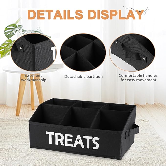 Collapsible Dog Treat Container Bin, Fabric Storage Box with 6 Compartments, Black