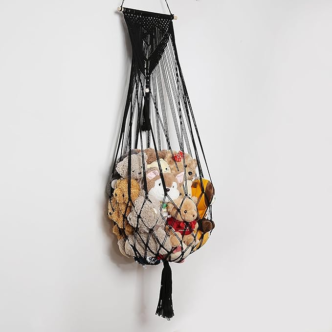 Stuffed Animal Net or Hammock Corner or Wall Hanging Net for Plush Toy Storage Boho Macrame Toy Display Nursery Bedroom Decor Stuffy Animal Toy Organizer (Black)