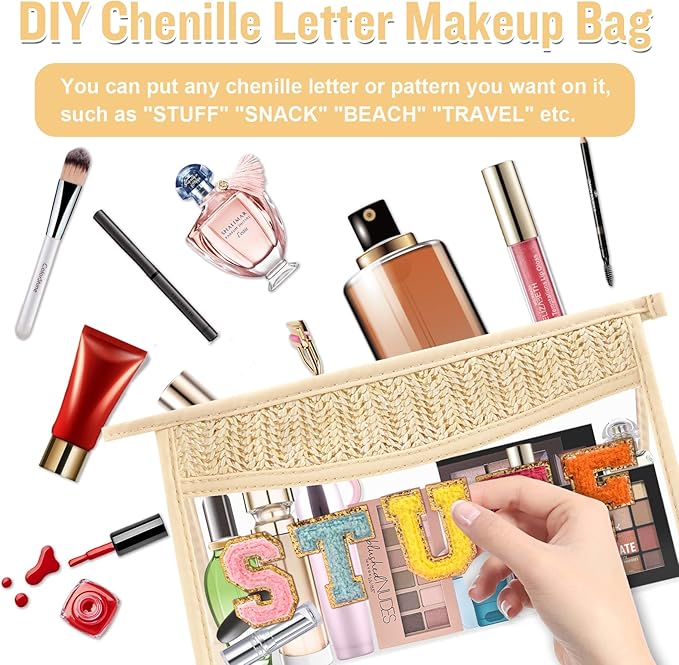 Boho Clear Makeup Bag Cosmetic Zipper Pouch Purse, Clear Toiletry Bags Travel Small Preppy Cute DIY Chenille Letter Bag, Transparent PVC Waterproof Clutch Make Up Organizer Storage Bag for Women Girls