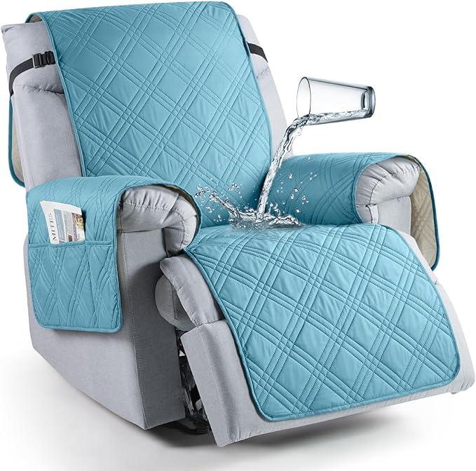 TAOCOCO 100% Waterproof Recliner Chair Covers, Non Slip Recliner Covers for Recliner Chair with Pocket, Washable Reclining Chair Cover Furniture Protector for Kids,Dogs(25'', Sky Blue)