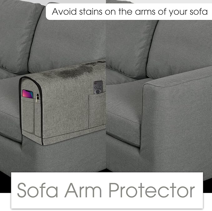 Joywell Arm Chair Covers for Living Room Anti-Slip Sofa Arm Protector for Dogs, Cats, Pets Armchair Slipcover for Recliner with 4 Pockets for TV Remote Control, Phone, Set of 2, Light Grey