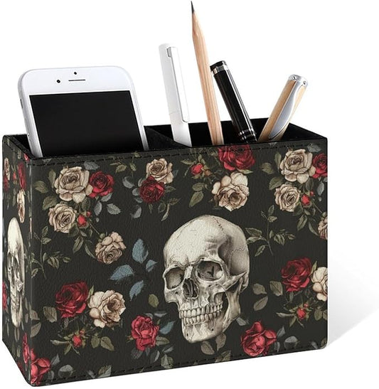 Famame Skull Red White Roses Pencil Holder for Desk, Leather Desktop Container Pen Cup Storage Study Table Pen Organizer Makeup Brush Holder for Classroom Office Home