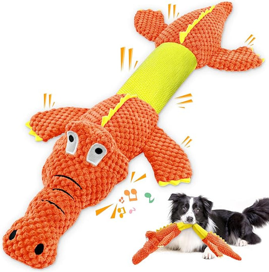 Interactive Tug of War Dog Toys for Small to Large Breeds-Squeaky Puppy Toys with Crinkle Paper, Stuffed Chew Dog Toys to Keep Them Busy, Training Reward Gift (Orange)