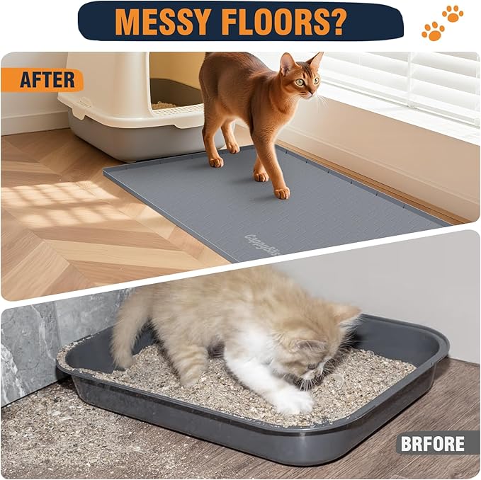 Large Cat Mat for Litter Box, 34"x22" Waterproof Silicone Mat with Litter Trapping, Easy Clean & Non-Slip Floor Pad for Indoor Cats, Dark Gray