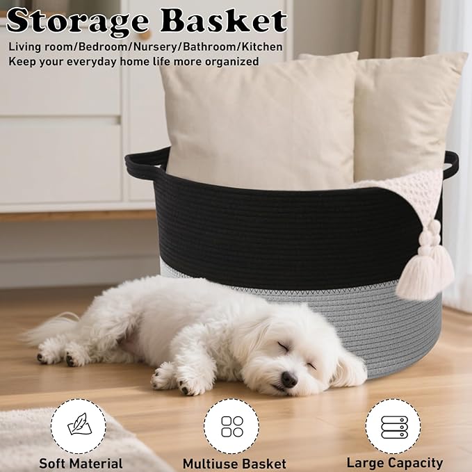 90L Large Blanket Basket,21.7"L x 21.7"W x 13.8"H Rope Woven Baskets with Handles, Toys Storage Bins,Laundry Basket Perfect for Living Room, Nursery,Bedroom,Home Organization,Black&Light Grey