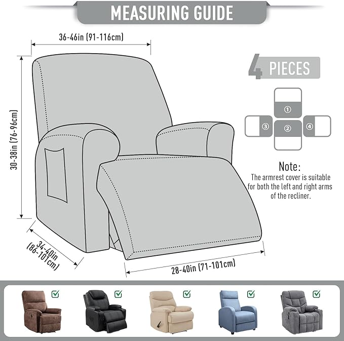 TAOCOCO Oversized Recliner Chair Covers, 1 Seater Streach Recliner Covers Soft Couch Protector Furniture Protector Covers with Elastic Chair Cover Jacquard Pattern (Dusty Grey)