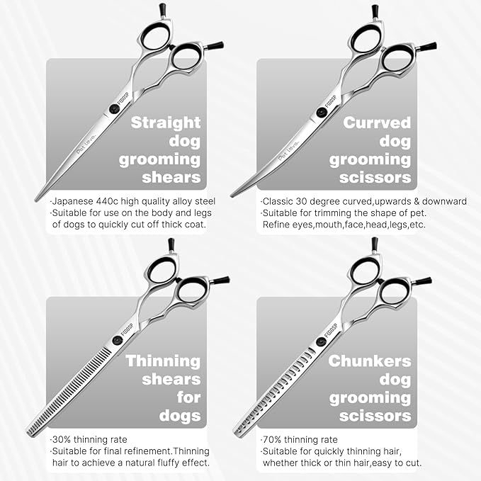 Dog Grooming Scissors Kit 7 in Professional Curved Thinning Straight Chunkers Shears for Grooming Dogs Cat Pet at Home Japanese 440C Stainless Steel(7.0'',Kit)