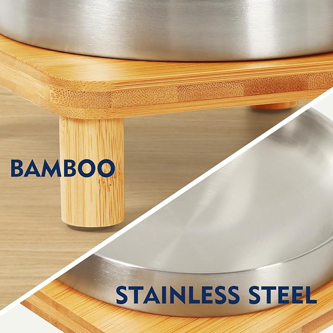 Elevated Cat Bowls for Indoor Cats – Raised Bamboo Cat Bowl Stand with 5.5 Inch Wide Stainless Steel Dishes, Pet Food Table Plate for Easy Feeding, Whisker Friendly(Silver,Set of 2)
