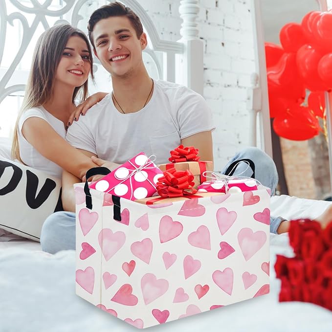 FXOCSHE Rectangular Pink Valentine's Day Gift Basket,nursery basket,Pink girls gift baskets,kids toy storage Bin, Love Heart Room Decor for Home,Shelf Baskets(Pink love)