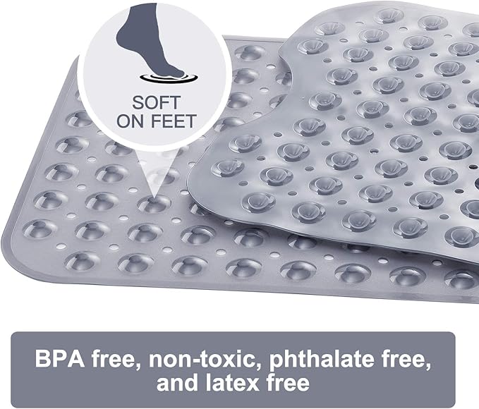 YINENN Bath and Shower Safety Mats 40x16 inch, Non Slip with Suction Cups for Bathroom Stall and Tub Floor, Extra Large and Machine Washable, Drain Holes Keep Bathtub Clean, Clear Gray