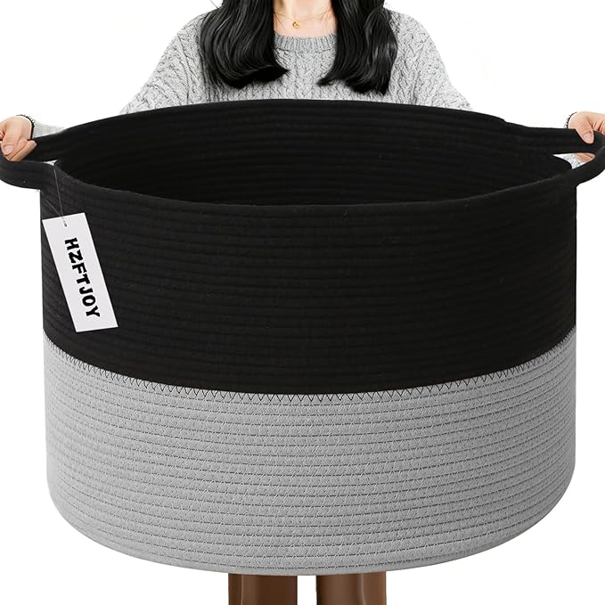 115L Large Blanket Basket,23.6"L x 23.6"W x 15.7"H Rope Woven Baskets with Handles, Toys Storage Bins,Laundry Basket Perfect for Living Room, Nursery,Bedroom,Home Organization,Black&Light Grey