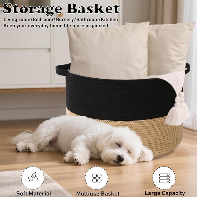65L Extra Large Woven Cotton Rope Blanket Basket with Handles, Laundry Hamper Storage Bin for Pillows, Comforters,Clothes, Toys, Nursery, Bedroom and Living Room Organization,Black&Camel
