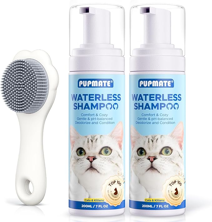 Waterless Cat Shampoo with Cat Brush - No Rinse Foam Dry Shampoo | Deep Cleansing Relieves Itchy Skin & Shedding | Gentle, pH-Balanced for Kittens Sensitive Skin | 2 Shampoo*1 Brush