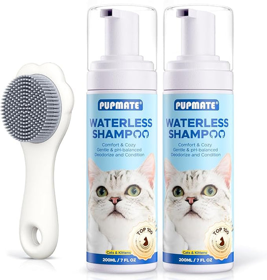 Waterless Cat Shampoo with Cat Brush - No Rinse Foam Dry Shampoo | Deep Cleansing Relieves Itchy Skin & Shedding | Gentle, pH-Balanced for Kittens Sensitive Skin | 2 Shampoo*1 Brush