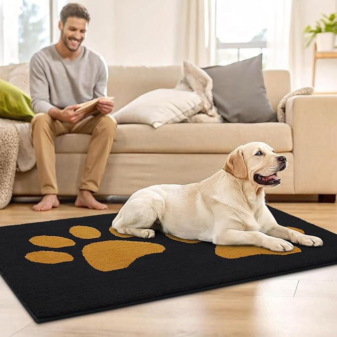 Buganda Dog Door Mat for Muddy Paws, Absorbent Dirt Trapper Washable Indoor Doormats, Non Slip Low-Profile Mud Mat for Dogs, Front Entrance Doormat for Inside Floor (36x24 Inches, Black and Yellow)