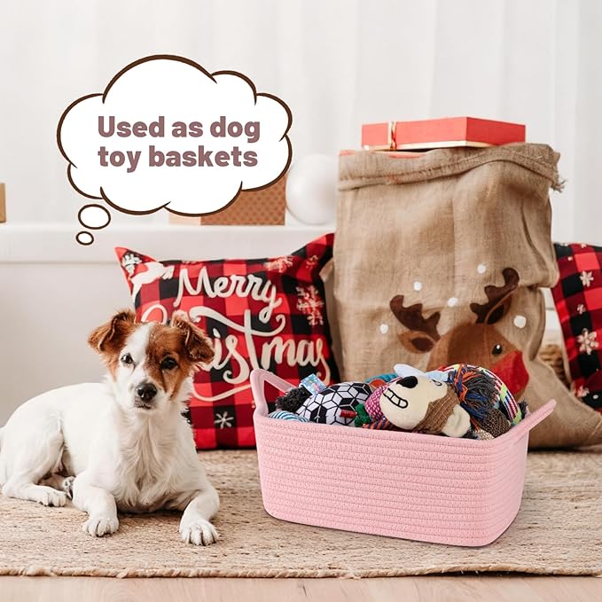 OIASKET Basket for Gifts Empty, Woven Storage Basket with Gift Bag, Ribbon and Wrap Tissue Paper, Small Rope Toy Storage with Handles for Baby Shower, Dog Toy Organizer, 13.6" x 10" x 5.9”, Pink