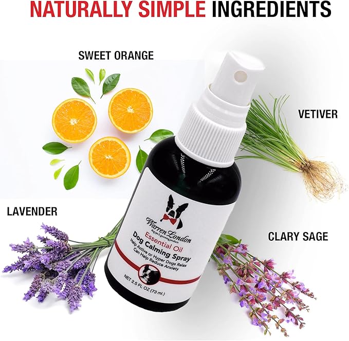 Warren London Calming Aromatherapy Spray for Dogs – 2.5 oz Essential-Oil Blend (Lavender, Vetiver, Clary Sage & Sweet Orange) | Fast-Acting Anxiety Relief for Fireworks, Storms, Grooming | Made in USA