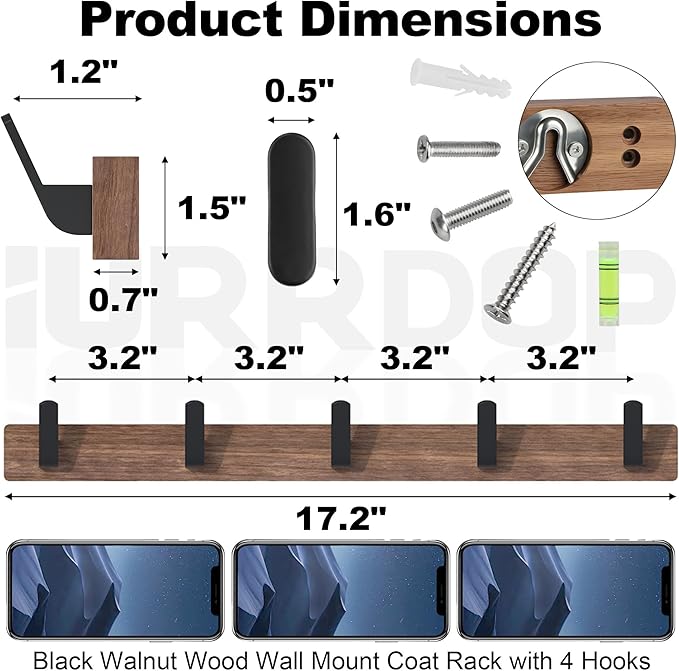 IURRDOP 17 Inch Walnut Wood Wall Mounted Coat Rack with 5 Black Hooks, Adhesive Mounted Entryway Hooks, Modern Natural Wooden Pegs for Hanging Coat Clothes Hat Bag Purse Key and Towel