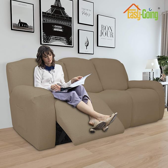 Easy-Going 8 Pieces Recliner Sofa Stretch Sofa Slipcover Sofa Cover Furniture Protector Couch Soft with Elastic Bottom Kids, Spandex Jacquard Fabric Small Checks Tan
