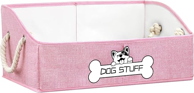 Collapsible Fabric Dog Toy Box and Storage Bin With Handle - Trapezoid Basket Chest Organizer for Pet Toys, Blankets and Accessories, Pink