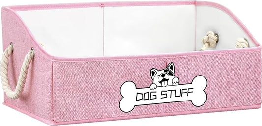 Collapsible Fabric Dog Toy Box and Storage Bin With Handle - Trapezoid Basket Chest Organizer for Pet Toys, Blankets and Accessories, Pink